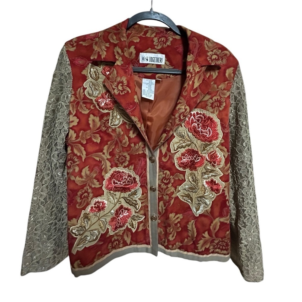 Vintage Y2K Blazer Size 10 Embroidered Lace Sleeve Lightweight Boho Western
